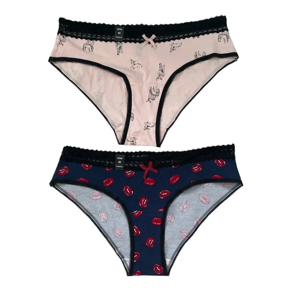 Torrid Set of 2 Cotton Mid-Rise Hipster Lace Waist Trim Panty Black Size 00 Lips